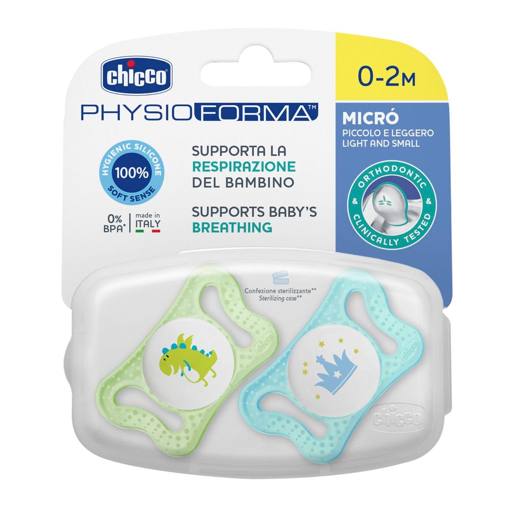 Chicco Physio Micro Пустышка силиконовая ортодонтическая, 0-2 месяца, голубого цвета, 2 шт.