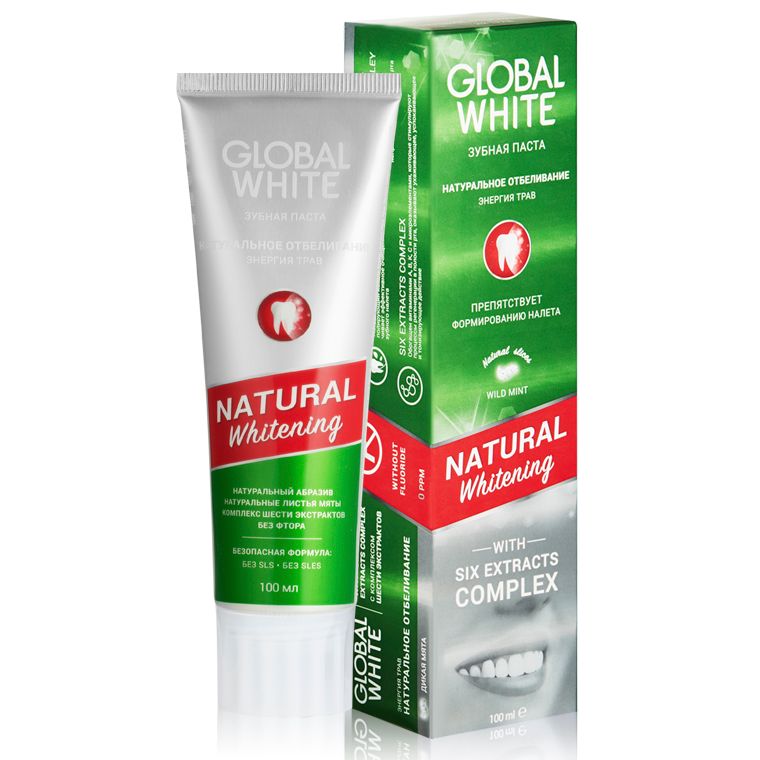 фото упаковки Global White зубная паста Натуральное отбеливание Энергия трав