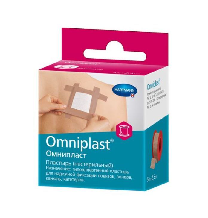фото упаковки Omniplast Пластырь фиксирующий, 5мх2.5см, пластырь медицинский, тканевая основа, 1 шт. фото упаковки Omniplast Пластырь фиксирующий