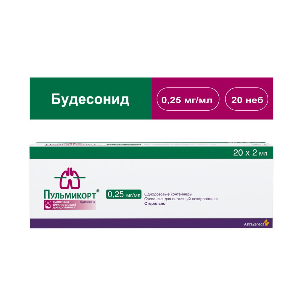 Пульмикорт, 0.25 мг/мл, суспензия для ингаляций дозированная, 2 мл, 20 шт.
