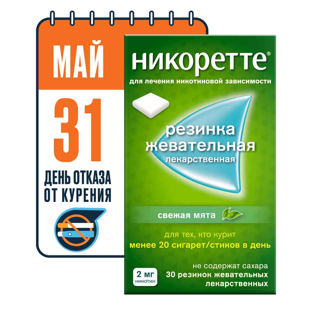 Никоретте, 2 мг, жевательная резинка (свежая мята), 30 шт.