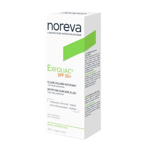 фото упаковки Noreva Exfoliac Матирующая солнцезащитная эмульсия SPF50+