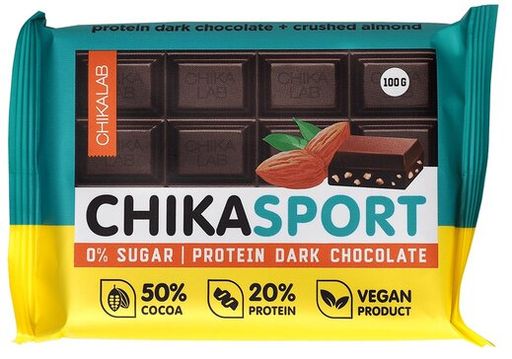 Chikalab chikasport Шоколад протеиновый темный без сахара, шоколад, с миндалем, 100 г, 1 шт.